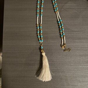 JCrew | Gold Beaded Long Tassel Necklace | White/Turqoise | Length: 21"